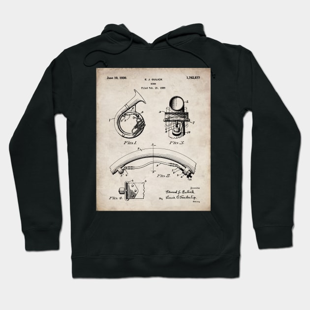 Brass Band Horn Patent - Musician Wind Instrument Art - Antique Hoodie by patentpress